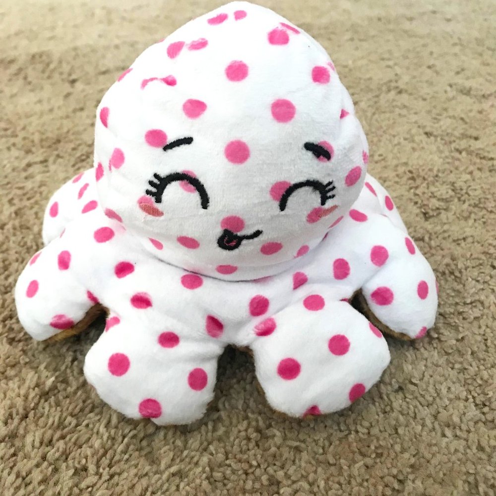 Happy Sad Emotion Emoji REVERSIBLE Pink Polka Dot Octopus Plush